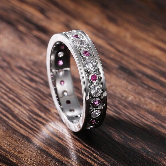 Eternity 925 Silver Plated White Red Inlaid CZ Bling Dainty Rings, UNVN12236 - Picture 1 of 3